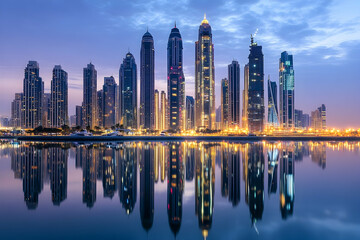 Fototapeta premium Cityscape Reflections: A breathtaking panorama of a modern cityscape bathed in the soft glow of dawn, with towering skyscrapers reflected perfectly in the tranquil waters of the bay.