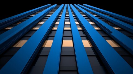 Obraz premium Blue Skyscraper at Night: A dramatic low angle view of a modern skyscraper at night, showcasing its sleek blue vertical lines against the dark sky.