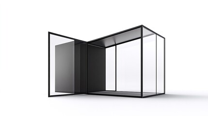 Modern glass office pod, open door, white background, workspace privacy