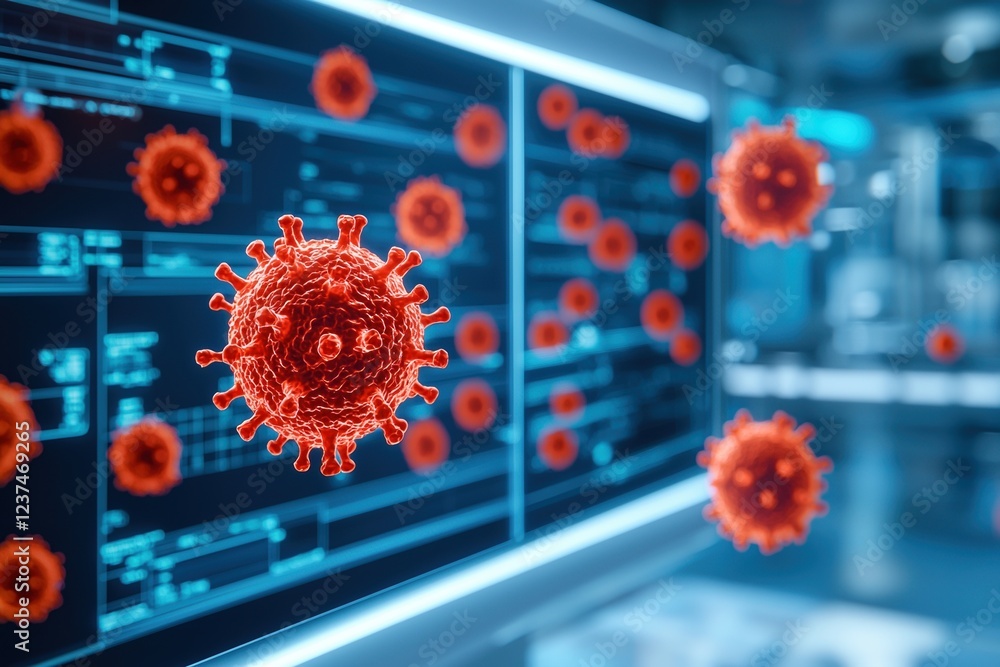 Poster virtual labs concepts. 3d rendering of viruses with a digital interface background.