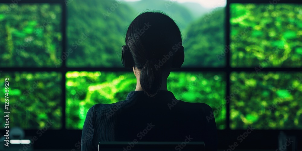 Poster virtual labs concepts. person observing multiple screens displaying green landscapes.