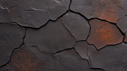 Obraz premium Cracked Stone Texture: A close-up shot reveals the rugged beauty of a cracked stone surface, with a captivating mix of charcoal grey and rust-toned hues.