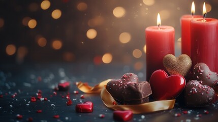 Valentine's Day background with red candles, heart-shaped chocolates, and a golden ribbon centerpiece