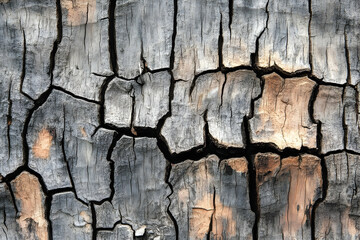 Obraz premium Charred Wood Texture: A close-up abstract view of charred wood revealing a mesmerizing interplay of dark grey and brown hues, intricate cracks, and lines.