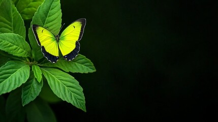 Lime Green Butterfly: A vivid lime green butterfly rests delicately on a lush green leaf, its wings unfurled against a backdrop of deep black, creating a striking contrast.