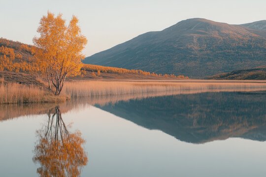 Tranquil autumn landscape with reflective lake and mountain at sunrise