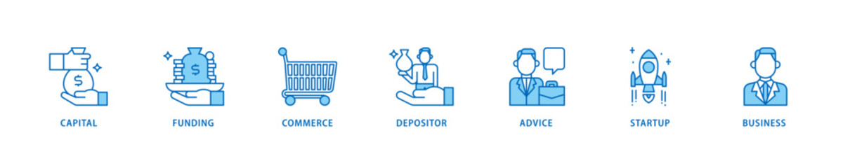 Angel investor icon set flow process which consists of capital, funding, commerce, depositor, advice, startup and business icon live stroke and easy to edit .