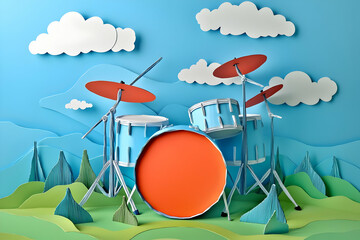 Drum Set on Green Hill with Blue Sky