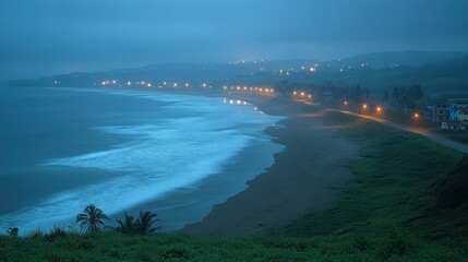 Serene Twilight Coastal Drive: A Nighttime Panorama of a Coastal Town