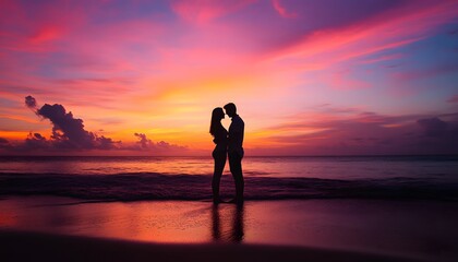 Fototapeta premium Silhouette Couple Embraces at Romantic Beach Sunset