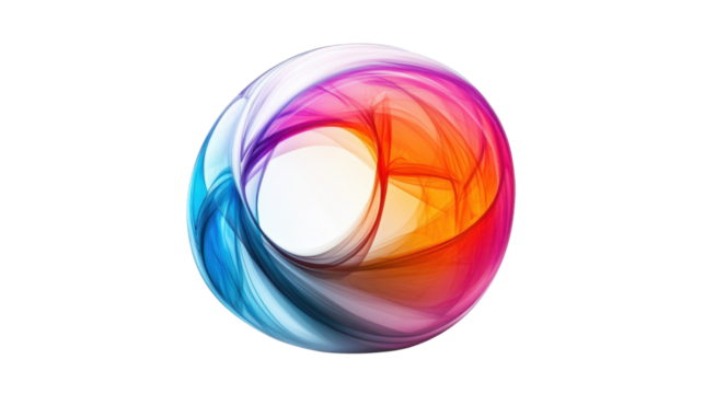Colorful swirling sphere with transparent background creating a vibrant abstract design