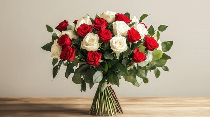 red and white roses, with soft green leaves, carefully arranged to capture the essence of love on Valentine's Day