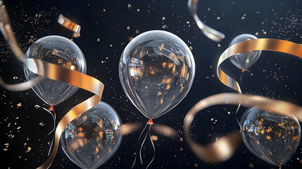 Transparent Balloons with Gold Confetti and Ribbons on Dark Background