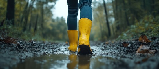 Yellow boots, muddy forest trail walk