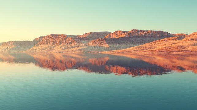 Serene Sunset Reflection over Desert Mountains and Calm Lake