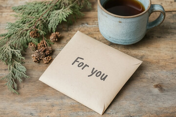 Gift envelope with 'For you' text, coffee mug, and evergreen branch on wooden table