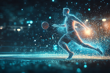 Glowing wireframe of a basketball player executing a dynamic slam dunk