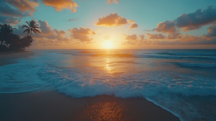 Tropical Sunset Paradise: Serene Beach at Golden Hour