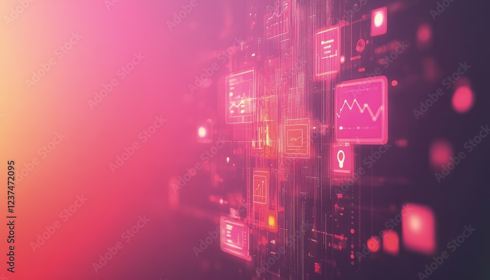 Poster abstract digital data visualization futuristic technology background with pink and red hues.