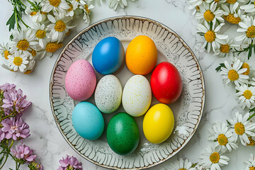 Colorful Easter eggs on a plate with daisies festive spring holiday celebration top view on marble b