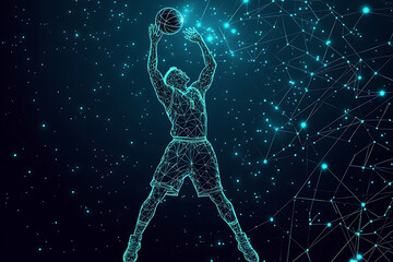 Glowing wireframe of a basketball player executing a dynamic move on court