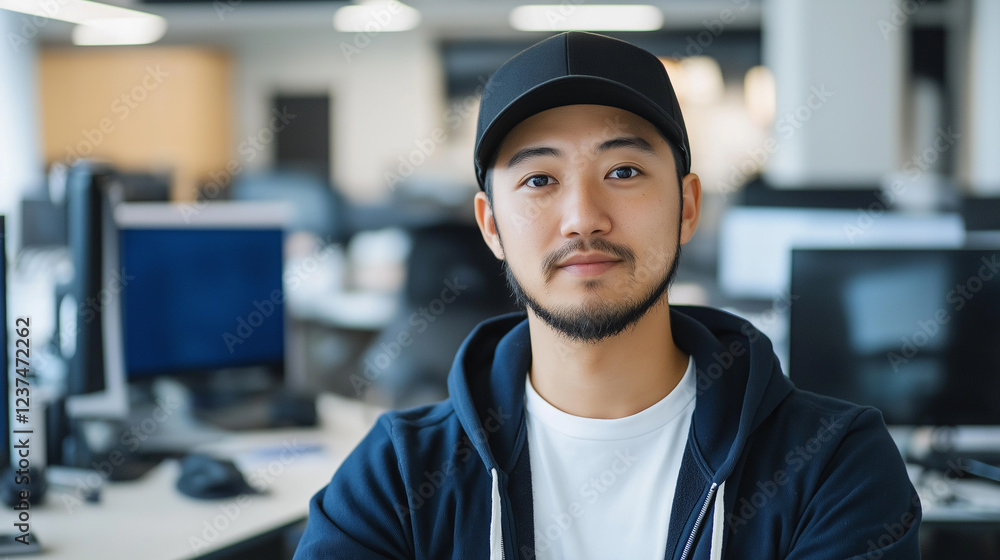 Poster Portrait of confident asian programmer working in modern office: software development success