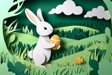 Easter bunny holding decorated egg in a paper-cut forest scene spring holiday concept festive celebr