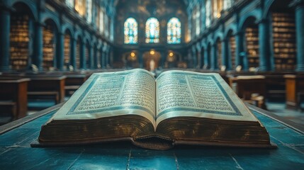 Obraz premium Holy Quran in a Grand Library: A Sacred Text Amidst Ancient Knowledge