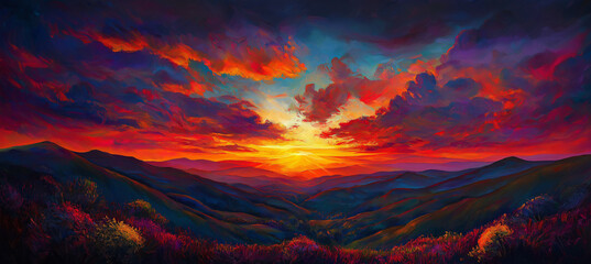 Fototapeta premium Amazing mountain landscape with colorful vivid sunset on the bright sky, natural outdoor travel background