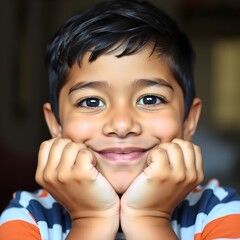 Cara linda de un niño hispano de 10 años sosteniendo su barbilla con ambas manos