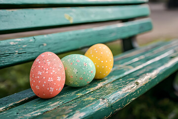 Three decorated Easter eggs on a green park bench a festive holiday tradition for spring celebration