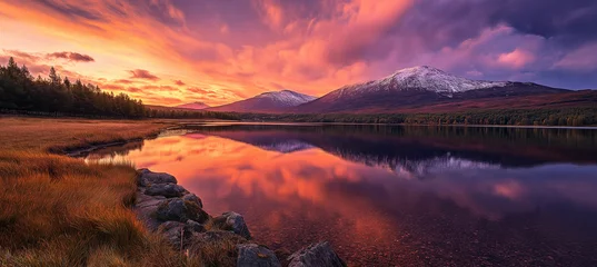 Amazing mountain landscape with colorful vivid sunset on the bright sky, natural outdoor travel background
