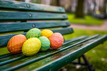 Colorful Easter eggs arranged on a wet park bench festive spring holiday decoration outdoor celebrat