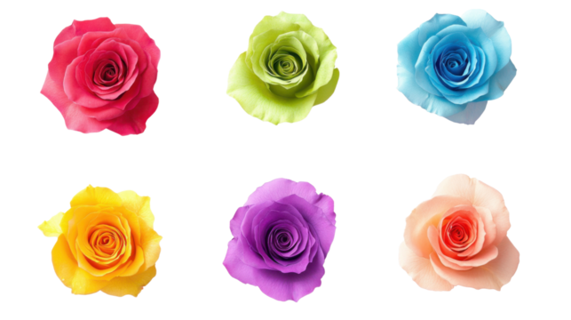 Six colorful roses blooming on transparent background