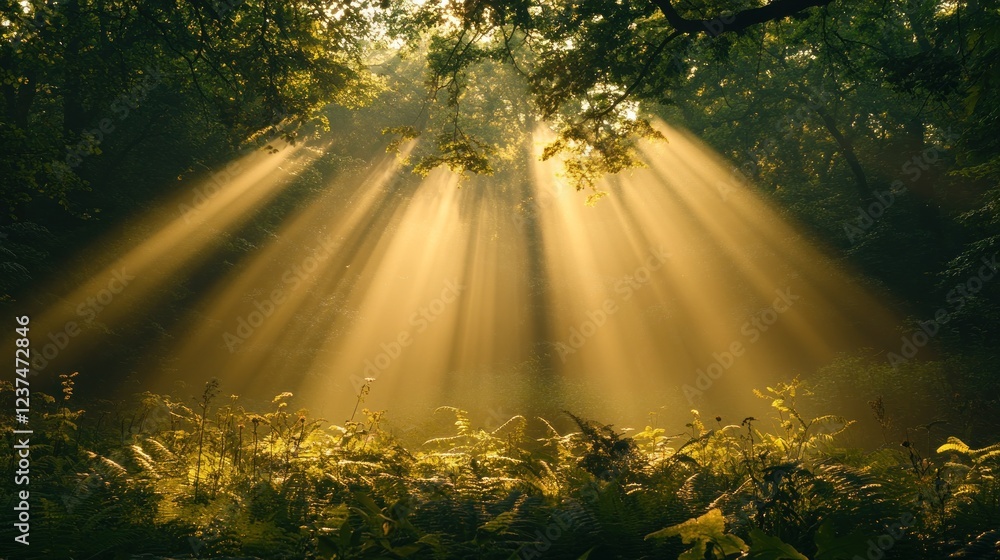 Poster sunlight filtering through trees in a lush forest setting