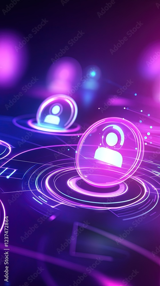 Poster digital user interface design futuristic neon glowing profiles network connections.