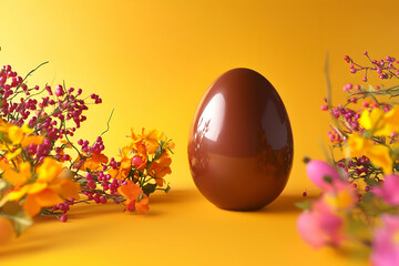 Chocolate Easter egg with spring flowers festive holiday treat on yellow background celebration conc