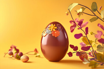 Chocolate Easter egg decorated with flowers festive spring holiday treat isolated on a warm yellow b