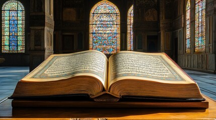 Obraz premium Holy Quran in a Mosque with Stained Glass Windows