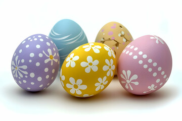 Colorful decorated Easter eggs painted with floral and dot patterns isolated on white background for