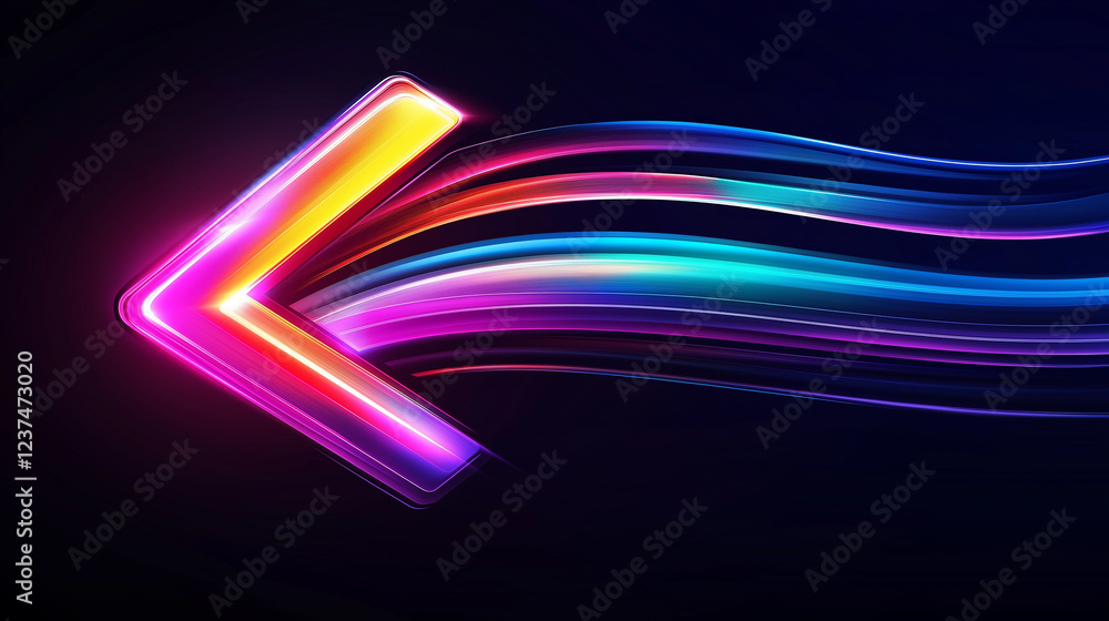 Poster neon left arrow with colorful light trails on dark background