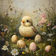 Fluffy chick with Easter eggs in a spring meadow delicate floral illustration for holiday greetings 