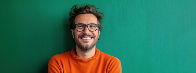 Smiling volunteer shows confidence and positivity on a vibrant green background, perfect for community service promotions