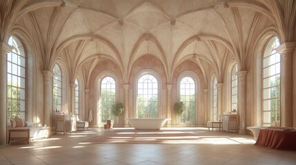 Obraz premium Sunlit Grandeur: A Luxurious Bathroom in a Gothic Cathedral-Inspired Palace