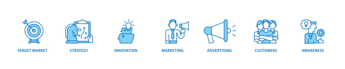 Brand icon set flow process which consists of target market, strategy, innovation, marketing, advertising, customers, and awareness icon live stroke and easy to edit .
