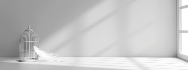 Monochromatic minimalist design featuring an open birdcage and a feather on a clean white background with soft shadows