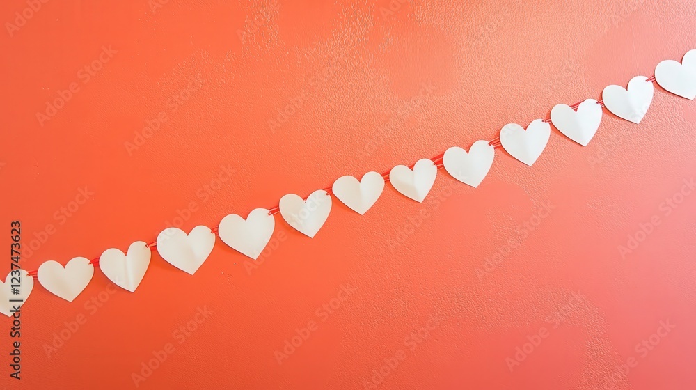 Poster valentine display with white and red heart stickers forming a diagonal stripe pattern on a coral-col