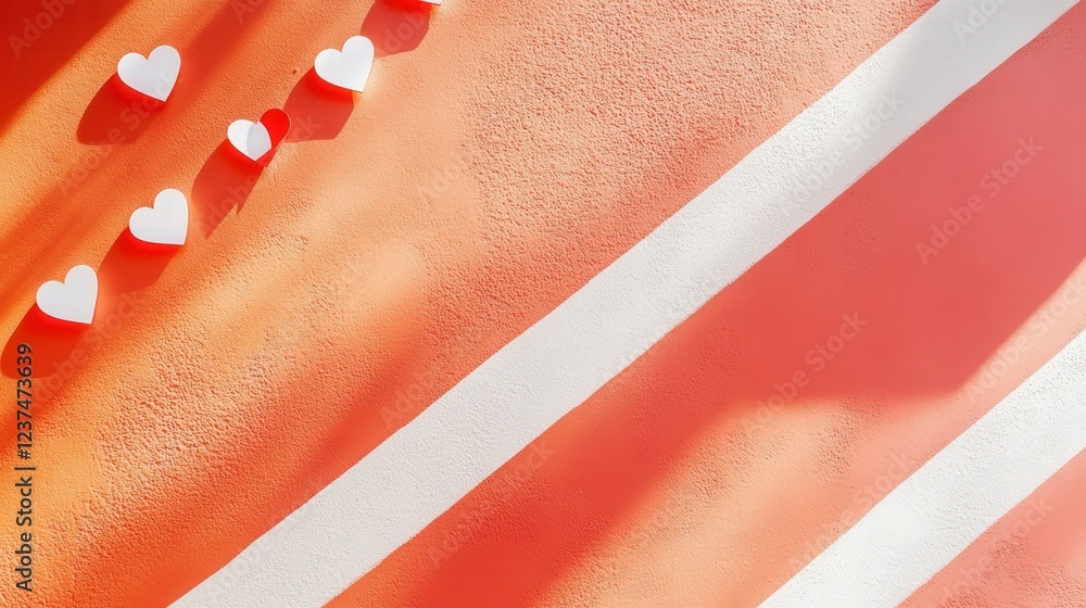 Poster valentine display with white and red heart stickers forming a diagonal stripe pattern on a coral-col