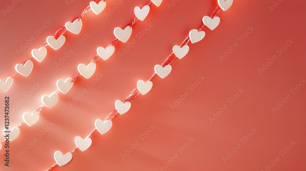 Aufkleber valentine display with white and red heart stickers forming a diagonal stripe pattern on a coral-col