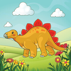 Cute dinosaur Stegosaurus in the meadow with flowers © eva